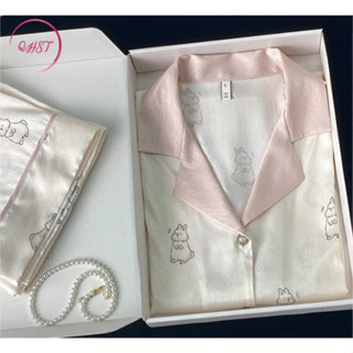 Bộ Đồ Ngủ Nữ Jacquard Satin Trắng Thỏ, Quần Dài Tay