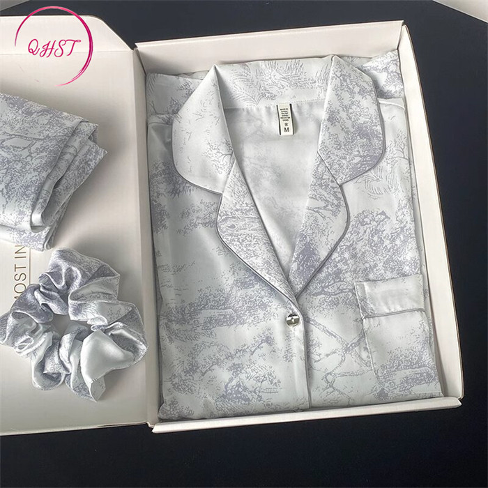 Bộ Đồ Ngủ Qhst Nữ Phong Cách Trung Hoa Tranh Mực In Màu Xám Quần Dài Tay Satin Mềm Nhập Khẩu