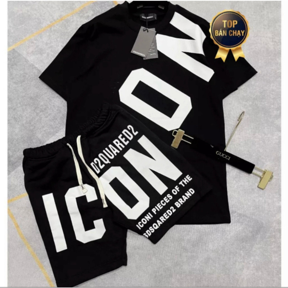 Bộ Đồ , Áo Nam Cộc Tay Mặc Hè Dsq2 In Chữ ICON Chéo Áo Ngang Quần Đen Trắng Vải Cotton Phong Cách Boy Phố Hot 2024