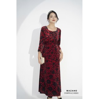 Đầm nhung đỏ hoạ tiết cổ trễ xếp ly ngực đính hoa nữ Mazano