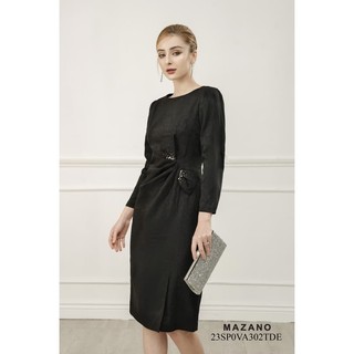 Đầm ôm Vải thô gấm Họa tiết chìm Cách điệu nơ eo đính cườm Cổ tròn Tay dài Dài trên bắp chân nữ Mazano