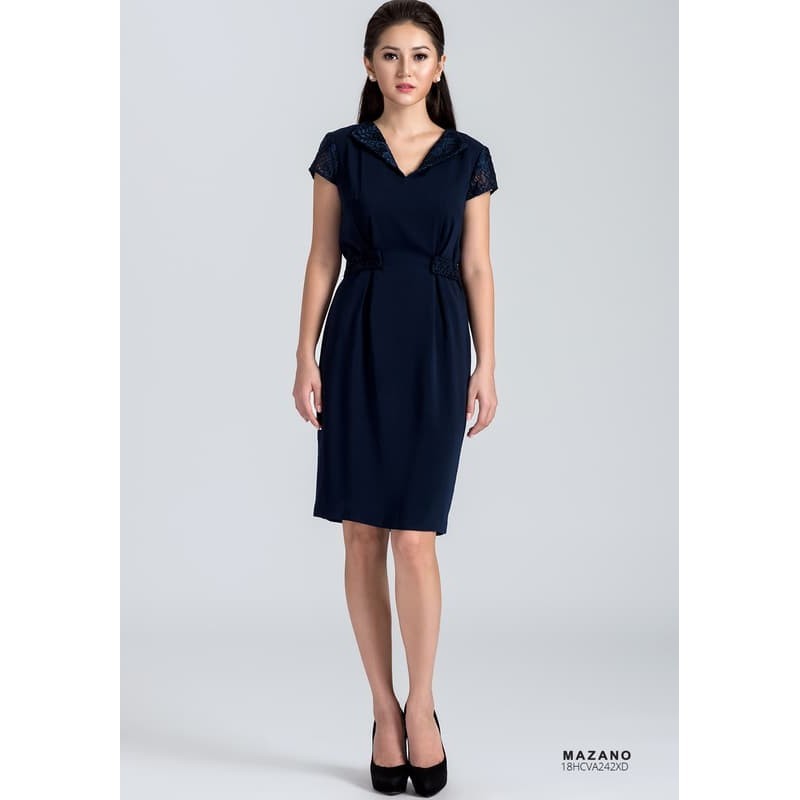 Váy xanh phối đai eo cổ V nữ Mazano