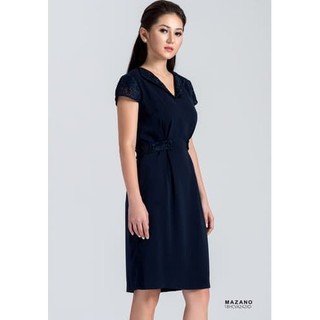 Váy xanh phối đai eo cổ V nữ Mazano