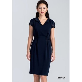 Váy xanh phối đai eo cổ V nữ Mazano