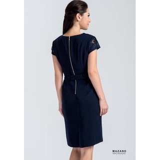 Váy xanh phối đai eo cổ V nữ Mazano