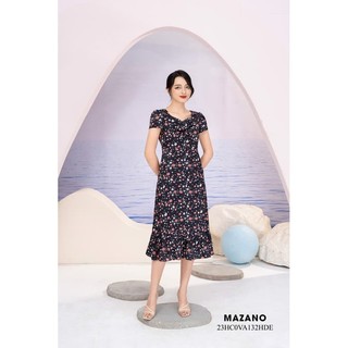 Đầm đen eo cao cổ vuông chân can bèo nữ Mazano