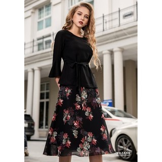Váy đen phối peplum họa tiết nữ Mazano