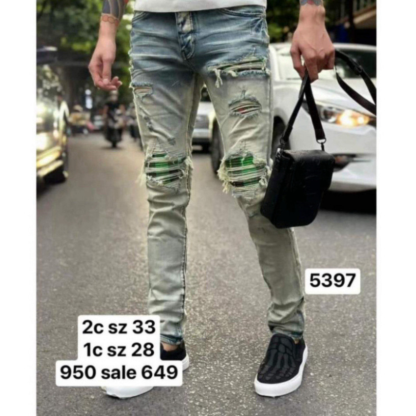 Quần JEAN Nam A.MI.R.I Slimfit 4 Cúc xanh khói Chuẩn Form  rách tua Quần bò vá bản đẳng cấp 4 khuy dễ phối đồ
