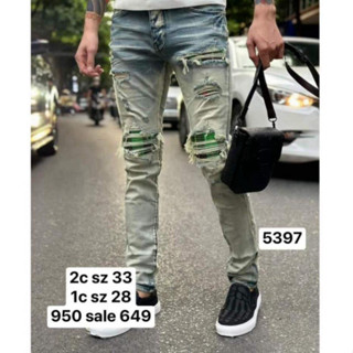 Quần JEAN Nam A.MI.R.I Slimfit 4 Cúc xanh khói Chuẩn Form  rách tua Quần bò vá bản đẳng cấp 4 khuy dễ phối đồ