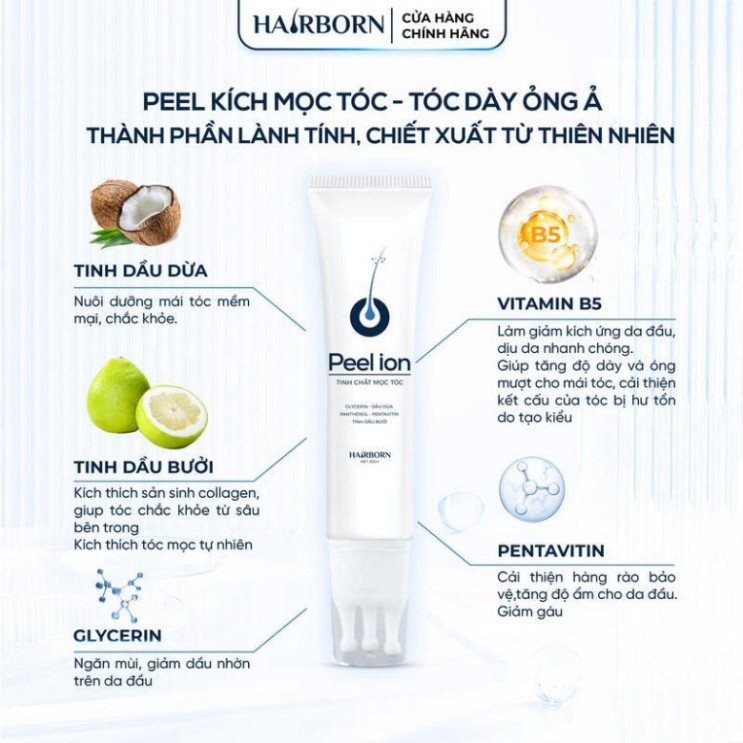 Lăn mọc tóc 5in1 HAIRBORN - Tinh chất HAIRBORN mọc tóc ion nano 2 chiều tuýp 60ml, tóc dày, chắc khỏe, giảm gãy rụng