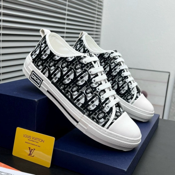Giày thể thao Di-or_sneaker nam nữ CD vải dệt vân chữ thổ cẩm monogram đen xám mũi da đế cao su non
