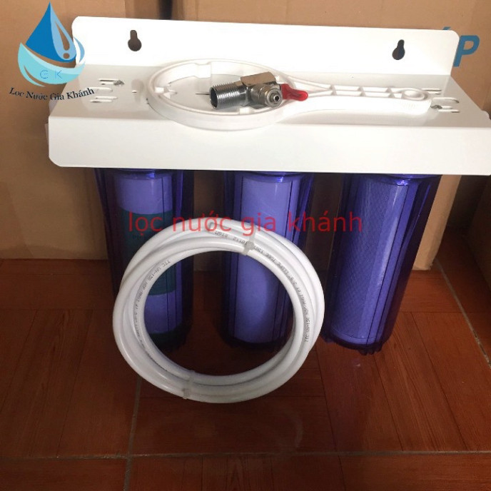 Bộ lọc nước sinh hoạt 3 cấp cốc trong 10 inch ren 13- Bộ Lọc Thô 3 Cấp Đầy Đủ Giá Đỡ, Tay Văn, Lõi.