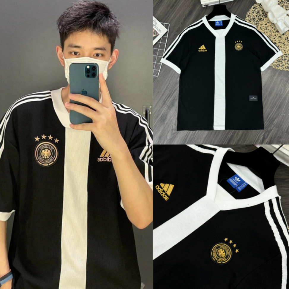 BỘ, Áo LẺ Phông Nam A Đi Đát Thêu Logo Tuyển Đức Phối Sọc Đen Trắng Siêu Đẹp - Áo thun Nam Nữ Tuyển Đức Thêu Logo CaoCấp