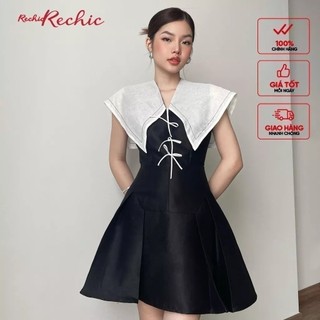 RECHIC Đầm ngắn Letia cổ áo bản to có đính nơ phía trước