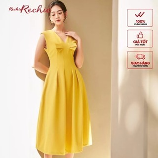 RECHIC Đầm Michelia Màu Vàng cổ V không tay dáng dài nơ ngực xinh xắn dễ thương trang nhã