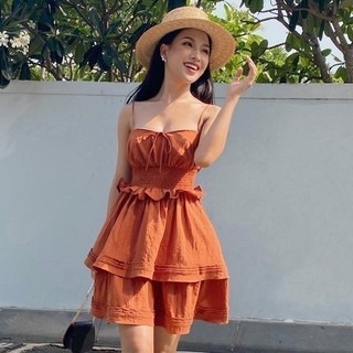 RECHIC Đầm Eirlys Màu Cam hai dây dáng xoè tầng eo nhún bèo tôn da xinh xắn dễ thương