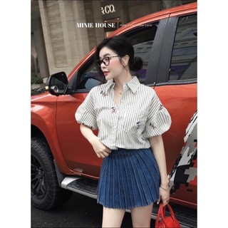 Áo sơ mi nữ cộc tay bồng áo sơ mi basic tay phồng mickey