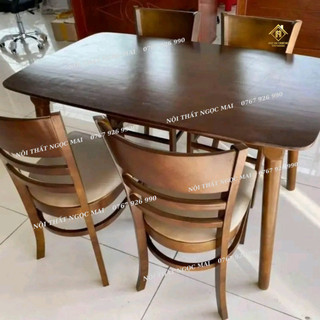 Bộ bàn ăn gỗ cau su tự nhiên, bàn ăn 4 ghế + bàn chân tròn - bh 12 tháng