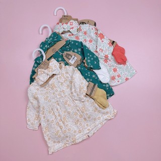 Set 4ct Rabbit Bear váy muslin + quần chip + băng đô + tất bé gái size 3-12m