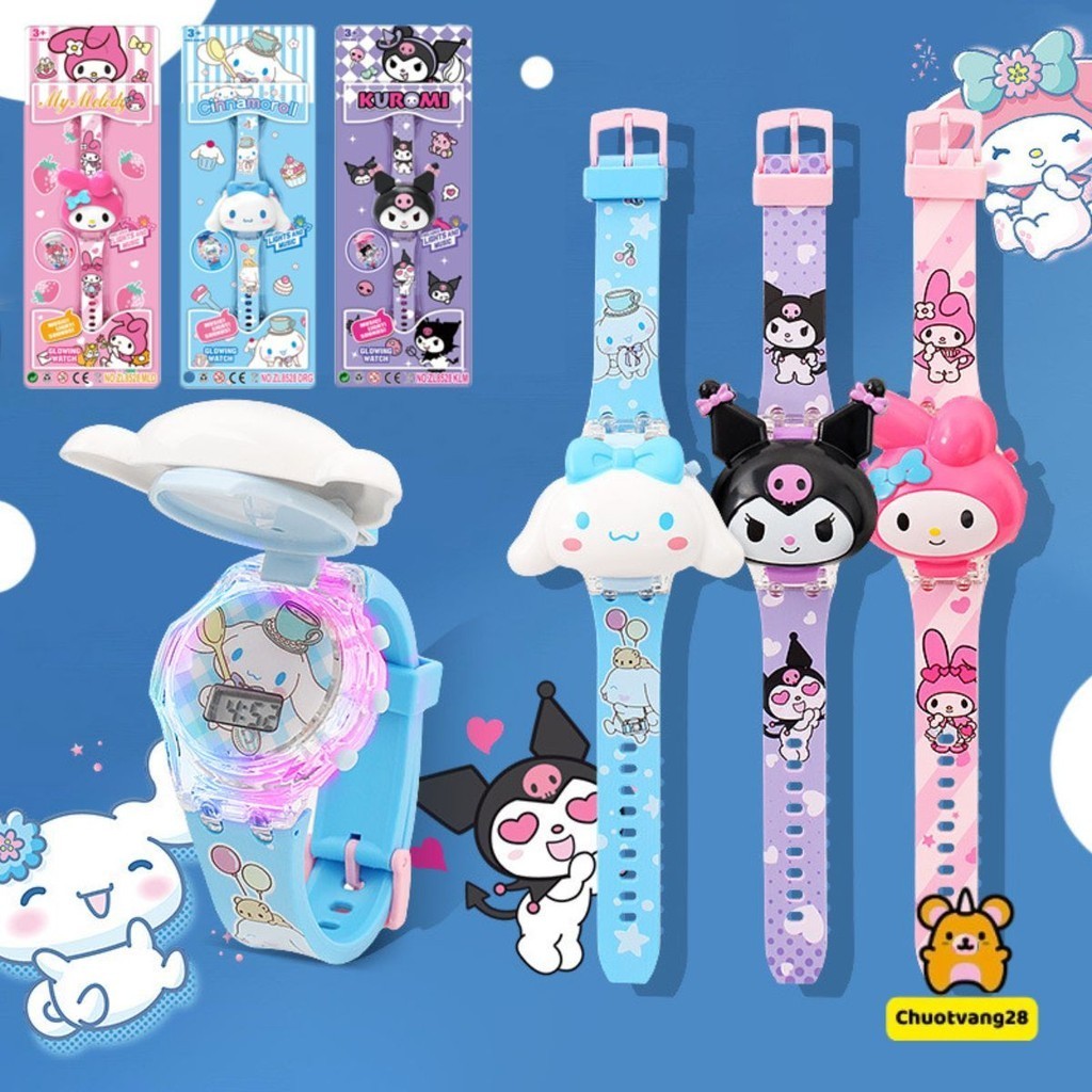 Đồng hồ trẻ em Sanrio Kuromi Led Watch 3D Melody Cinnamoroll Đồng hồ nữ Flip Luminous Music Watch cho trẻ em