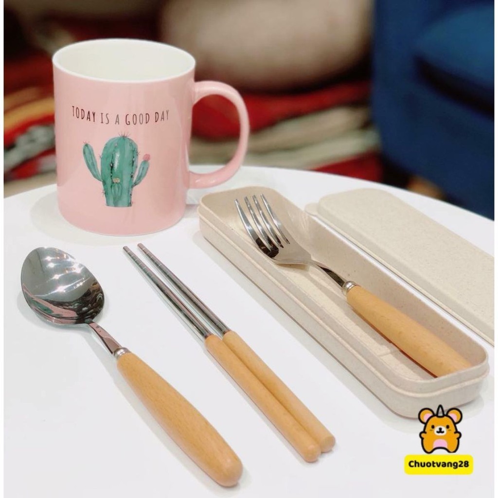 Bộ thìa, dĩa, đũa inox cán gỗ