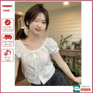 (Có size sẵn) Áo sơ mi ngắn tay trắng thắt nơ Yummy phối ren, Áo sơ mi cách điệu dễ thương S08