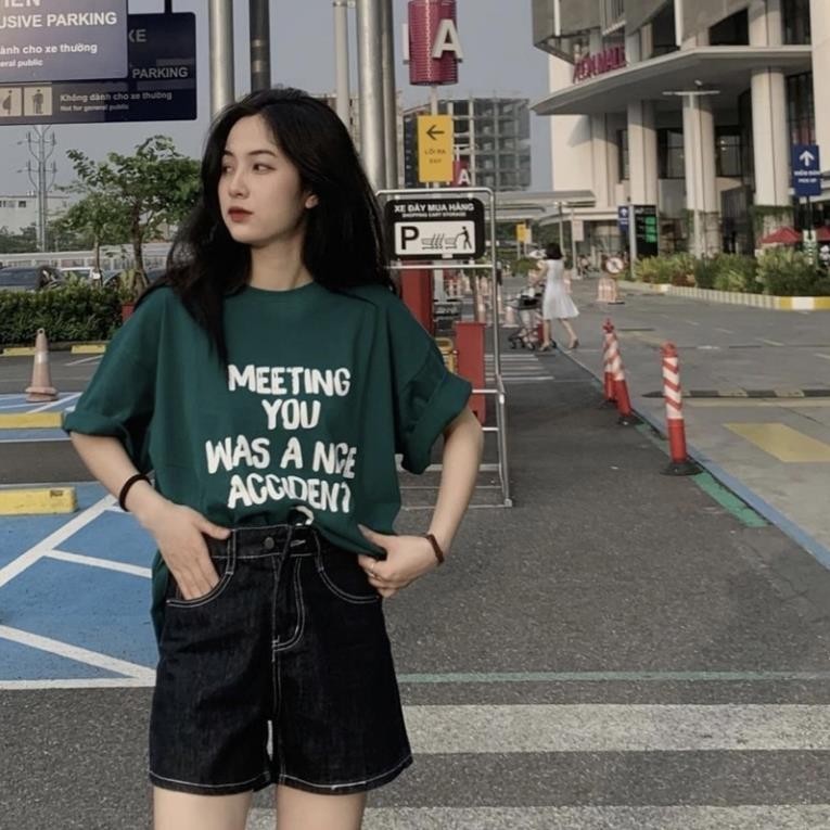 Áo thun xanh lá cây đậm xanh rêu Meeting you nam nữ áo phông unisex vải cotton thoáng mát cổ tròn UT