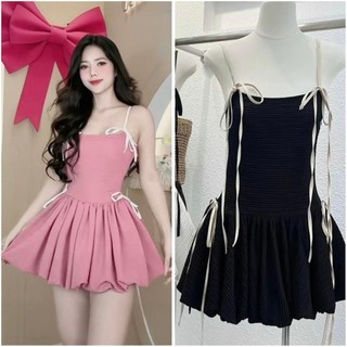 Đầm xốp kiểu bí phối dây viền, váy 2 dây đan dây dễ thương