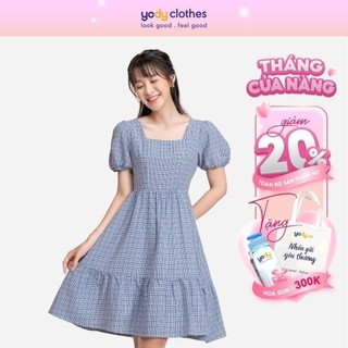 [Sale xả hàng] Váy xòe cổ vuộng YODY họa tiết kẻ trẻ trung, đi biển maxi VAN5112