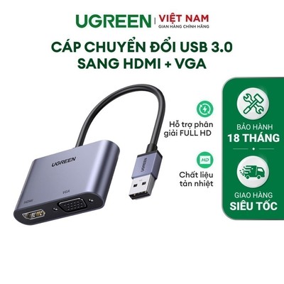 Cáp chuyển đổi USB 3.0 sang HDMI + VGA UGREEN CM449 | Hỗ trợ 1080P/60Hz | Hợp kim cao cấp | Bảo hành 18 tháng | 20518