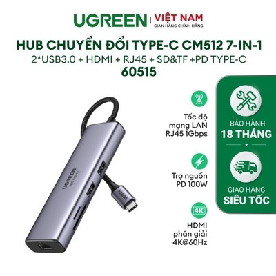 Bộ chuyển đổi Type C UGREEN 60515 sang 2*USB 3.0+HDMI, RJ45, SD TF và PD hỗ trợ 4K - Hàng phân phối chính hãng