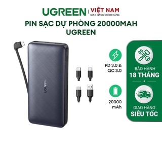 Pin sạc dự phòng 20000mah ugreen| sạc nhanh pd 3.0 qc 3.0| kèm cáp lightning| bh 18 tháng 1 đổi 1| 10400.