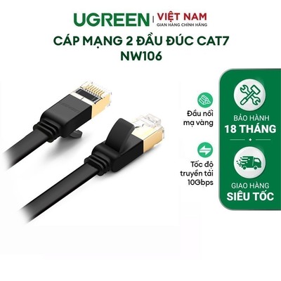 Cáp mạng 2 đầu đúc Cat7 UTP Patch Cords dạng dẹt UGREEN NW106 | Đầu nối mạ vàng | Tốc độ truyền tải 10Gbps | BH 18 Tháng