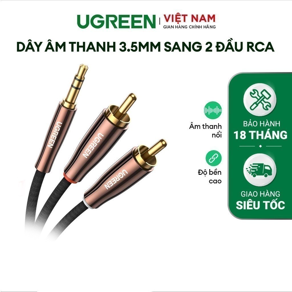 Dây âm thanh 3.5mm sang 2 đầu RCA UGREEN AV170 | Đầu cắm mạ kim loại | Dây bện nylon chống rối |Bảo hành 18 tháng 1Đổi1