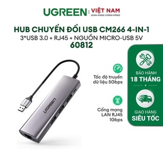 Bộ chuyển USB 3.0 sang LAN 1Gbps + Hub USB 3.0 3 cổng chính hãng UGREEN 60812 cao cấp