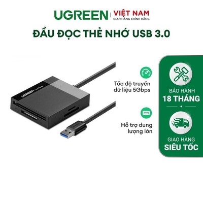 Đầu đọc thẻ USB 3.0 hỗ trợ thẻ TF/SD/CF/MS dài 0.5-1.5m UGREEN CR125 - Chính hãng - Bảo hành 18 tháng 1 đổi 1 30333
