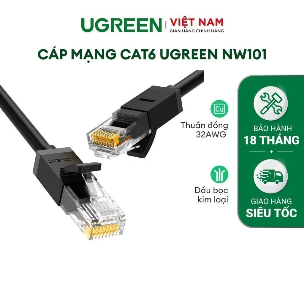 Cáp mạng Cat6 UTP 24AWG/32AWG RJ45 UGREEN NW101 Hỗ trợ tốc độ cao | Chiều dài từ 0.5-10m Bảo Hành 18