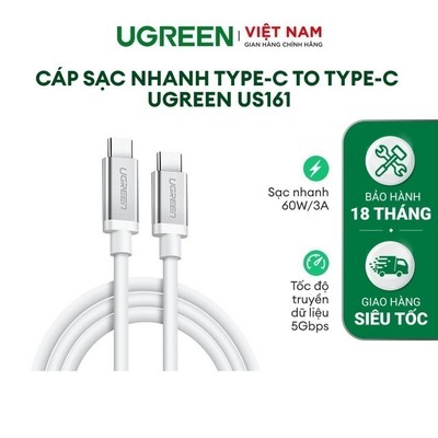 Cáp sạc nhanh USB-C 3.1 UGREEN US161 | PD 60W/3A | Truyền tải dữ liệu, âm thanh, video 5Gbps  | Bảo hành 18 tháng