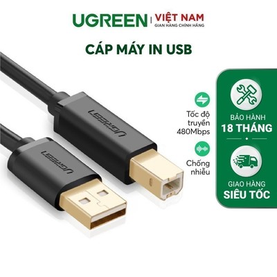 Dây máy in USB 2.0 chuẩn A đực sang chuẩn B đực UGREEN US135 | 3 lớp chống nhiễu | Tốc độ truyền dữ liệu 480Mbps