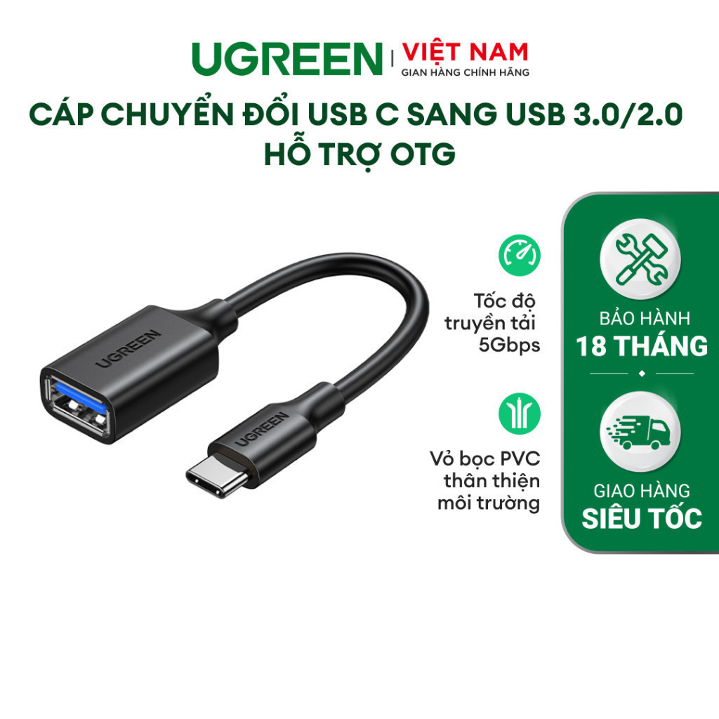 Cáp chuyển đổi USB C sang USB 3.0/2.0 hỗ trợ OTG UGREEN US154 | Vỏ bọc PVC | Tốc độ 5Gbps | Dài 15cm | BH 18 tháng