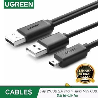 Dây USB 2.0 2 đầu chữ Y ra 1 đầu mini USB 5pin dài 0.5-1m UGREEN US107