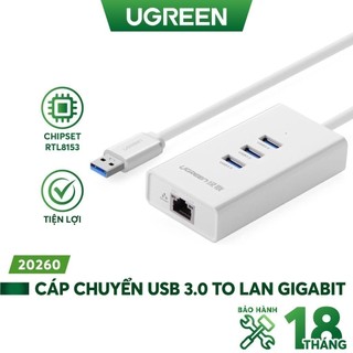 Cáp chuyển usb 3.0 to lan gigabit 10/100/1000gbps + chia 3 cổng usb 3.0 ugreen 20260
