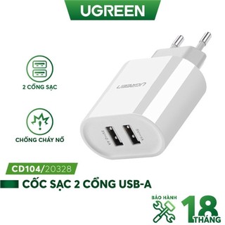 Củ sạc 2 cổng USB 2.0, hỗ trợ tổng dòng sạc 3.4A (max 2.4A) UGREEN CD104 - Hàng phân phối chính hãng - Bảo hành 18 tháng