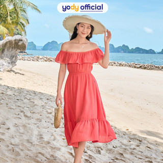 Váy maxi nữ 2 lớp yody đầm trễ vai đi biển đi chơi sang trọng cao cấp - van5212