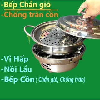  V- Bộ Bếp Cồn chắn gió chống tràn cồn   Nồi Lẩu + VĨ HẤP. Chất liệu INOX không rỉ. Combo bộ bếp cồn nồi lẩu dê hấp 