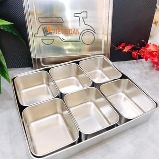 V- KHAY INOX 6in1 ĐỰNG TOPPING, THẠCH, TRÁI CÂY, RAU DƯA CHẢ..Có nắp tiện dụng. Inox dày cao cấp không gỉ. Dụng cụ