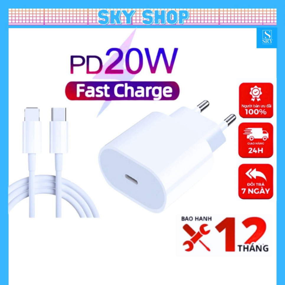 Bộ sạc nhanh PD 20W (Củ +dây cáp) cho 11 Pro Max 12 Pro Max 13 Pro Max 14 Pro Max 7 8 plus X Xs Max Xr [ SKy 889]