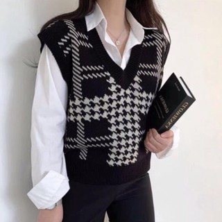 Áo gile kẻ họa tiết én kẻ phong cách Hàn Quốc, Áo gile len nữ chất len dệt dày dặn C38