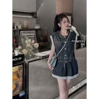 Set jean phối viền ren áo đắp túi ngực kèm quần short