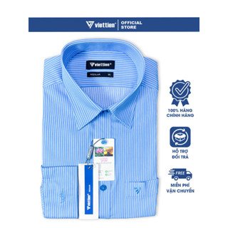 Áo Sơ Mi Việt Tiến Tay Dài, Màu xanh Blue Trắng , Họa Tiết Sọc Dọc, Form Regular Lai Bầu, Chính Hãng